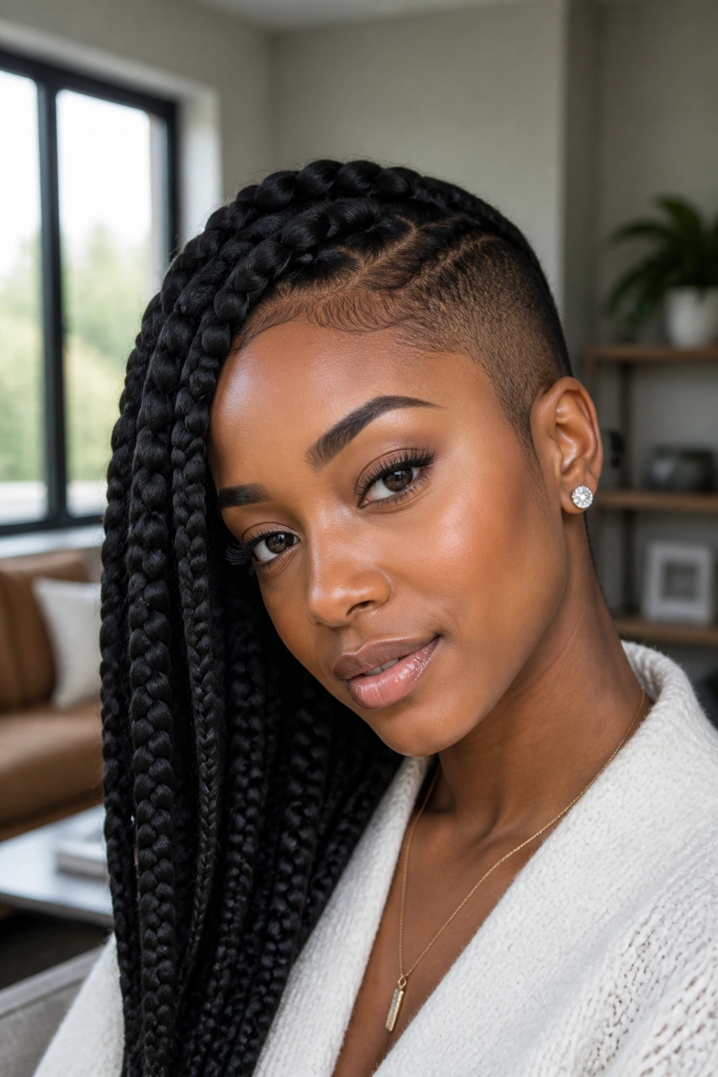 Close-up of jumbo box braids swept to one side with a shaved side