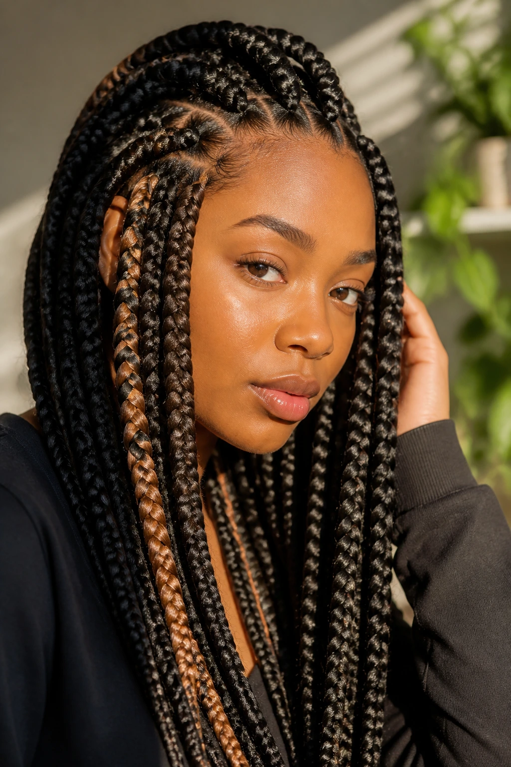Close-up of a real woman with jumbo box braids showing variations in tension, part, and color.