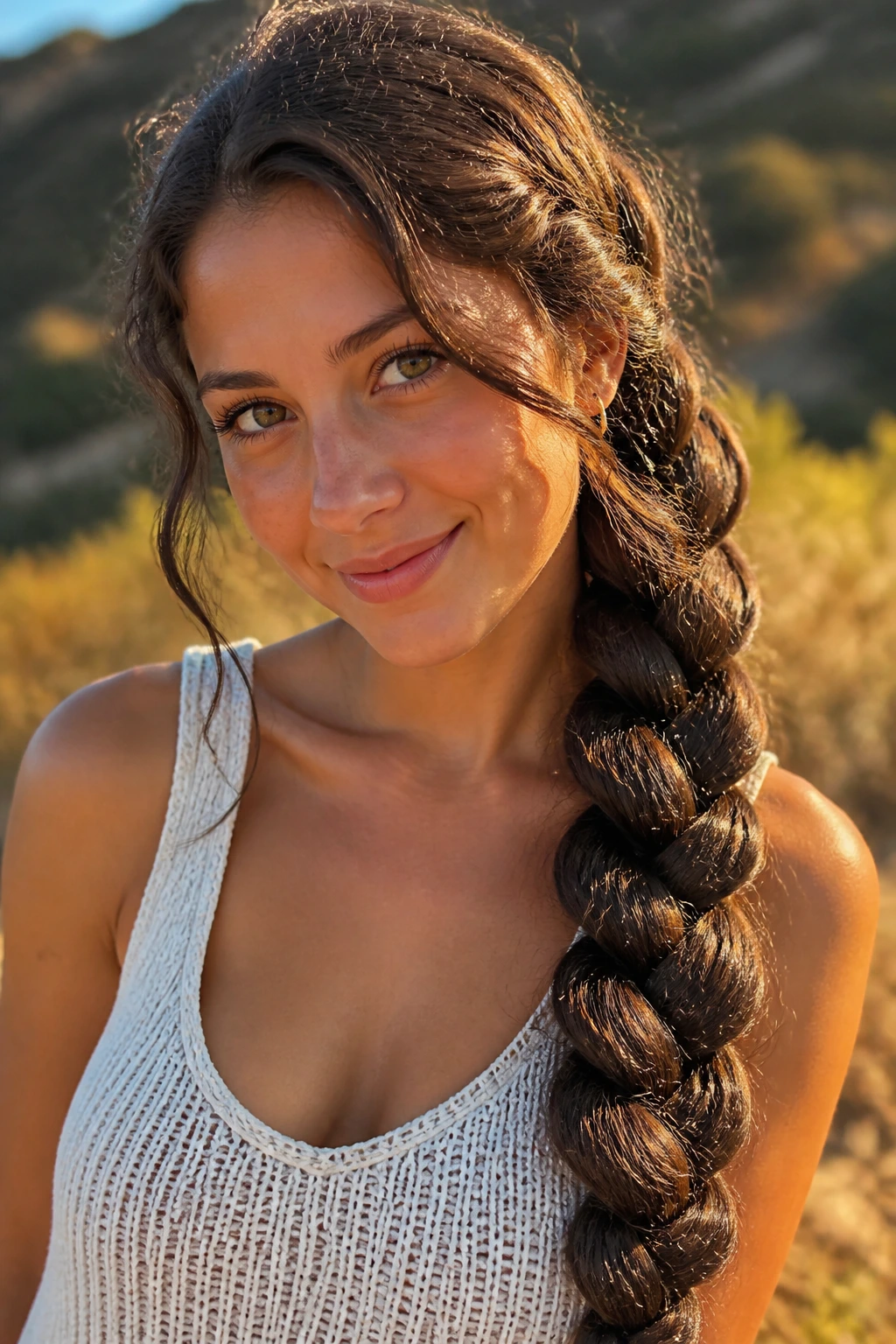 Close-up of a jumbo chunky side braid draped over a shoulder on a real woman