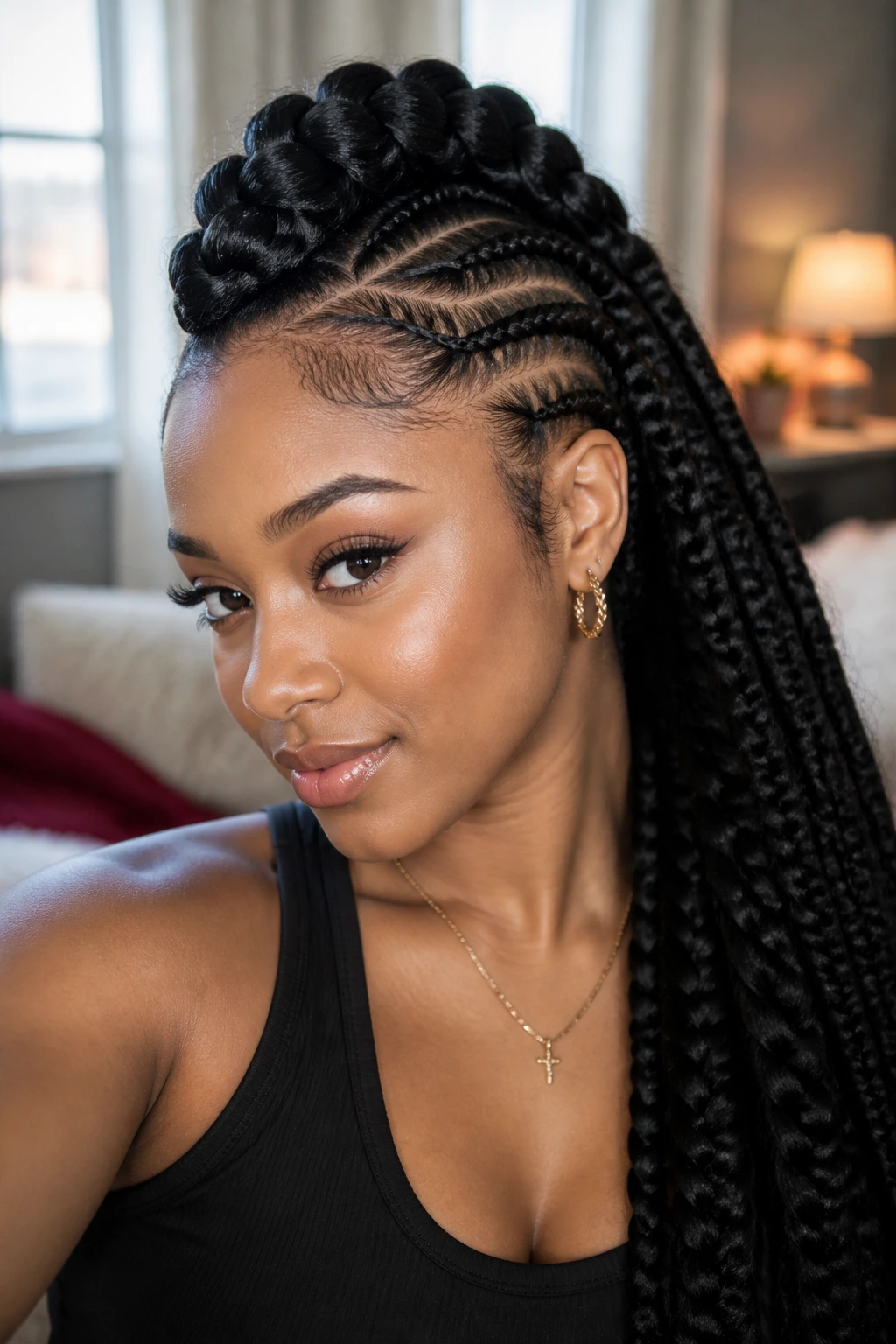 Close-up portrait of a real person with a jumbo braid hawk on long hair