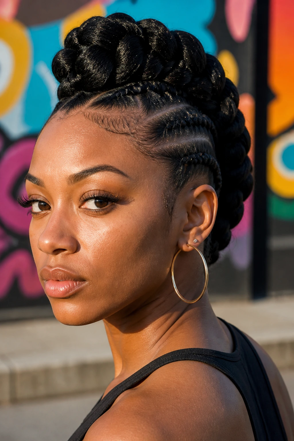 Portrait of person with jumbo braided mohawk against graffiti backdrop.