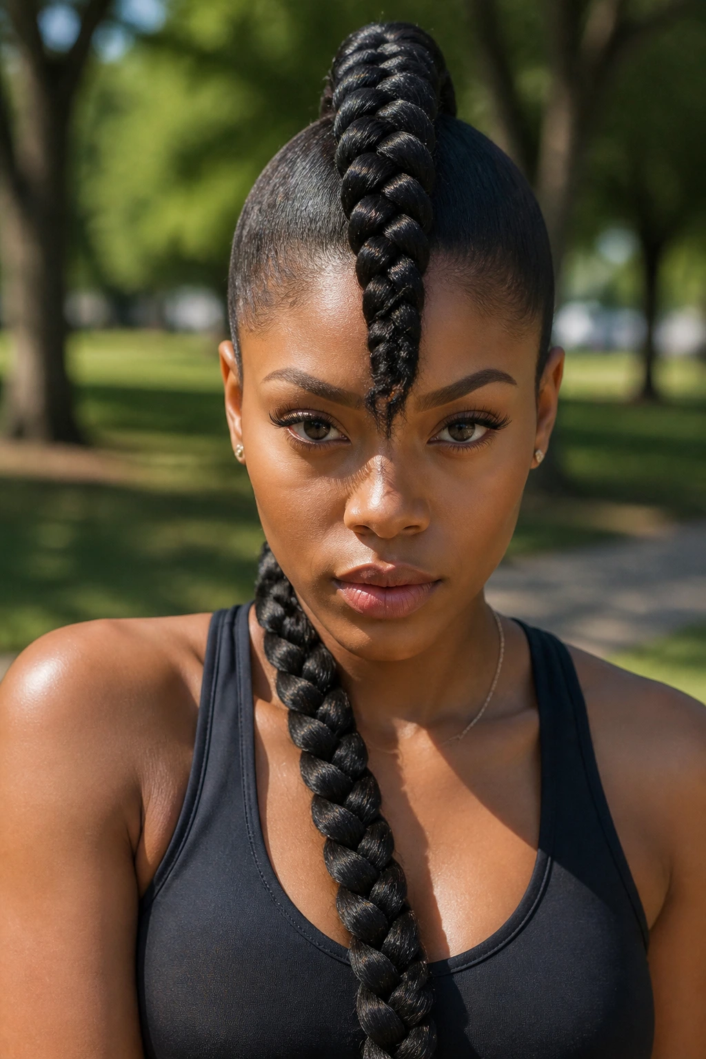 Real woman with a single jumbo center braid forming a mohawk, seen front-on.