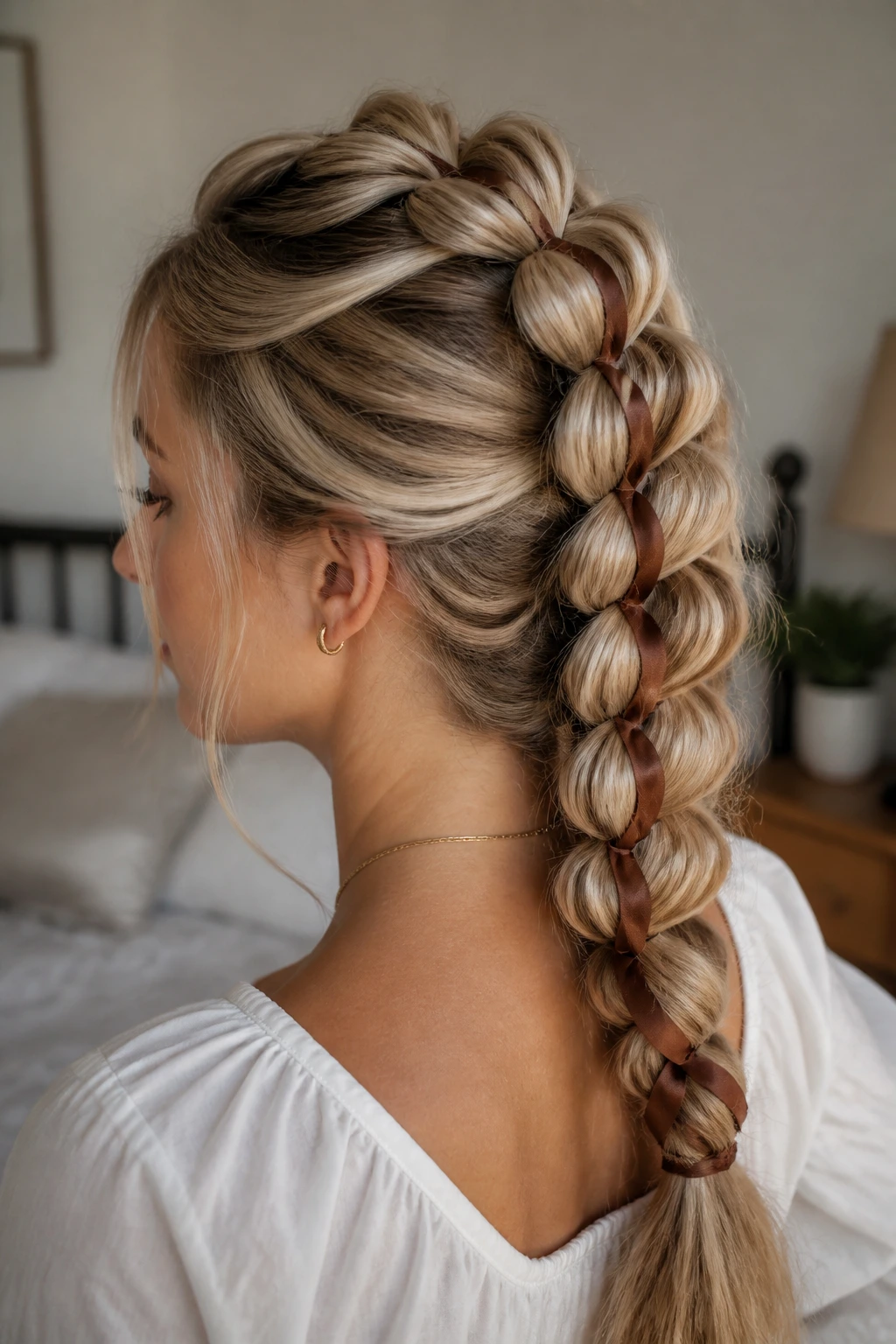 Close-up of a real woman's head showing a voluminous pull-through braid with a ribbon accent