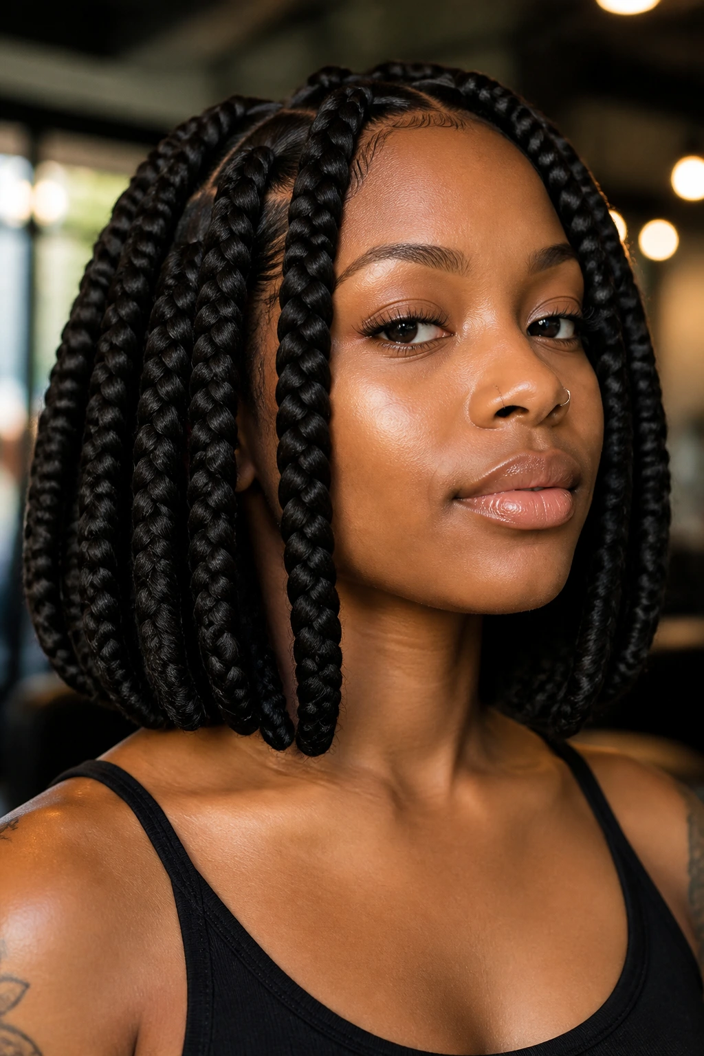 Close-up portrait of a real woman with jumbo bob braids in a warm salon
