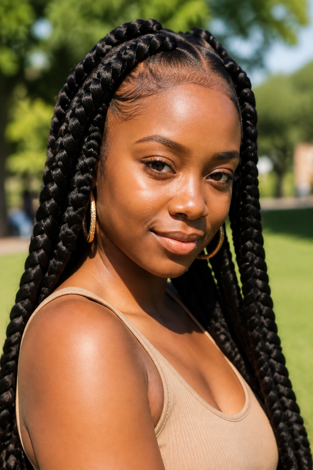 Close-up of a real woman with jumbo braids outdoors in sunlight