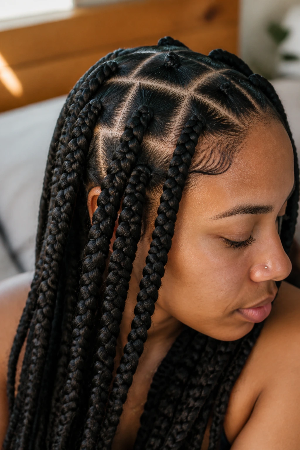 Close-up of jumbo box braids showing parting pattern on a real woman