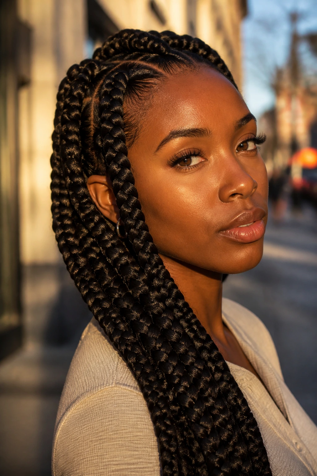 Close-up portrait of a real woman with jumbo (large) braids dominating the frame.