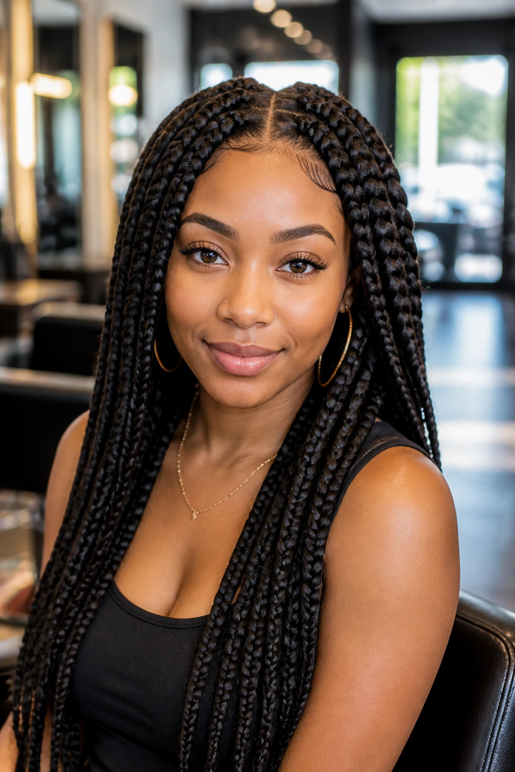 Close-up portrait of a woman with jumbo box braids in a sunlit salon