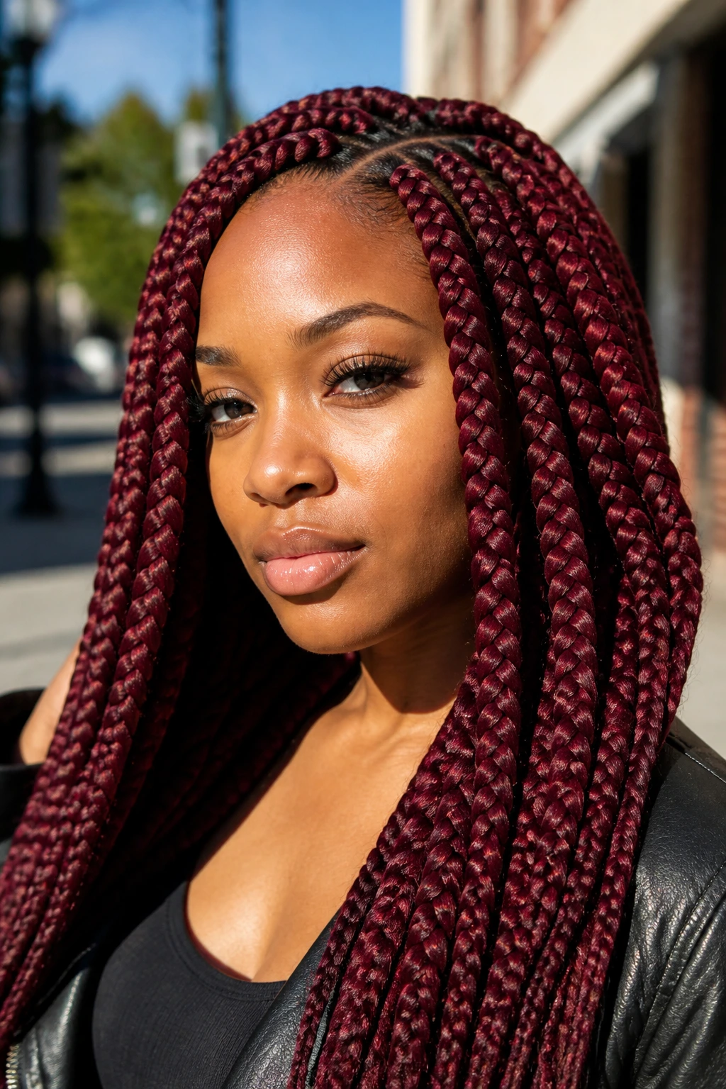 Close-up portrait of a real woman with jumbo burgundy knotless braids dominating the frame in daylight