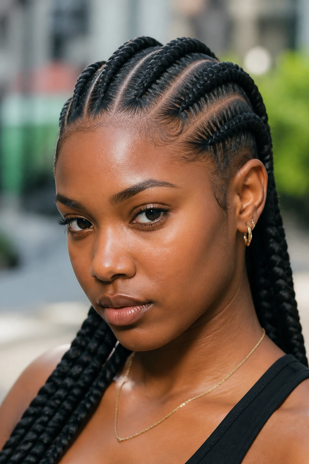 Portrait of a person with jumbo feed-in cornrows showing bold, clean lines.