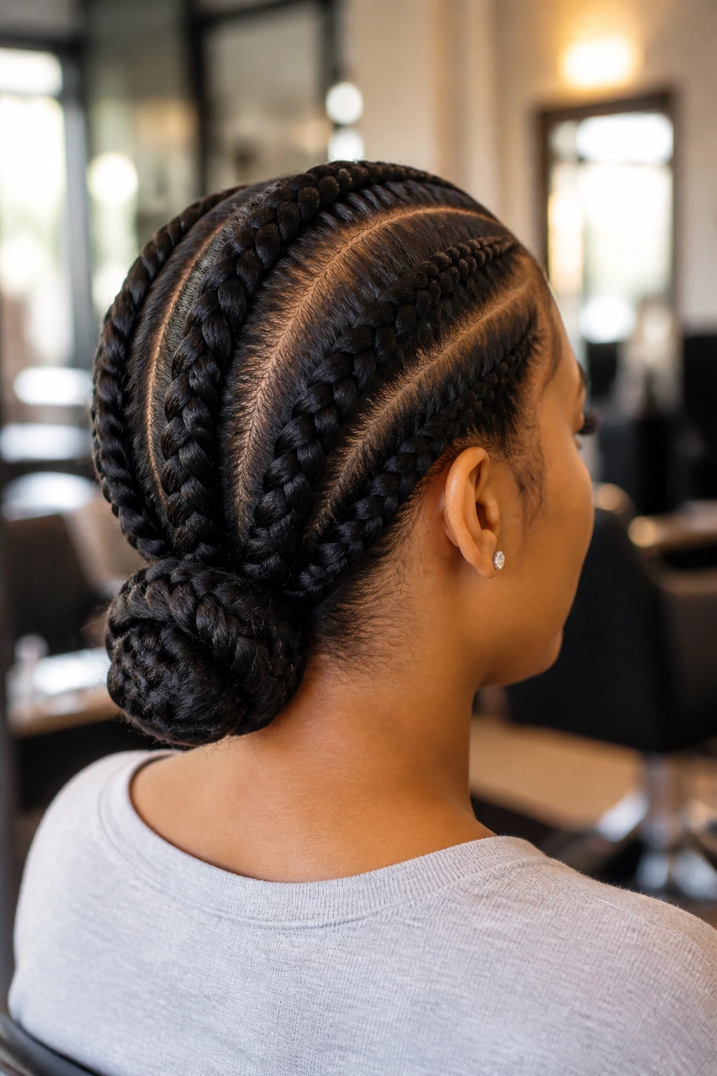 Rear view of a real woman with jumbo cornrows leading into a low bun at the nape