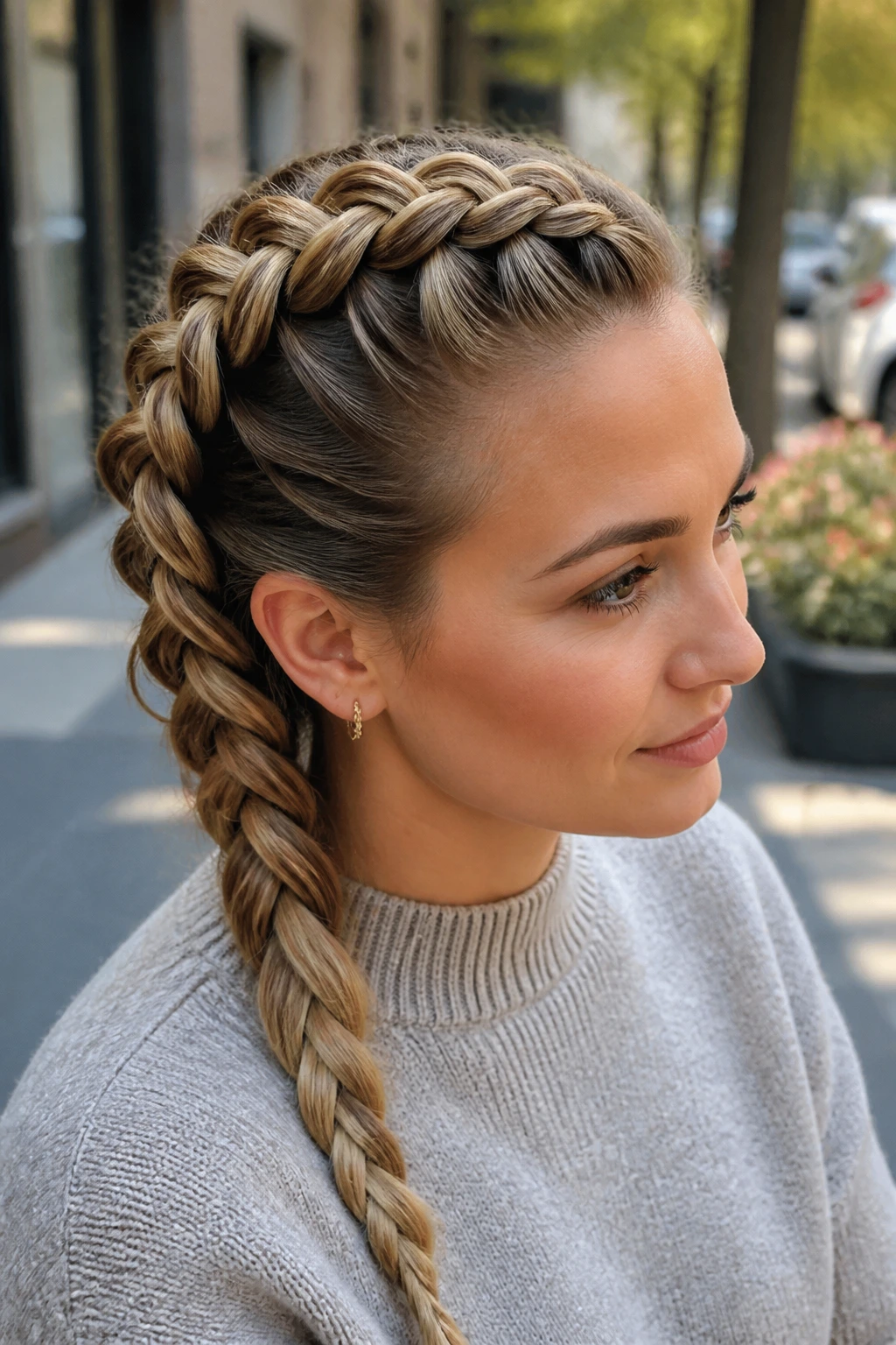 Close-up of a real woman with a jumbo Dutch braid along the scalp.