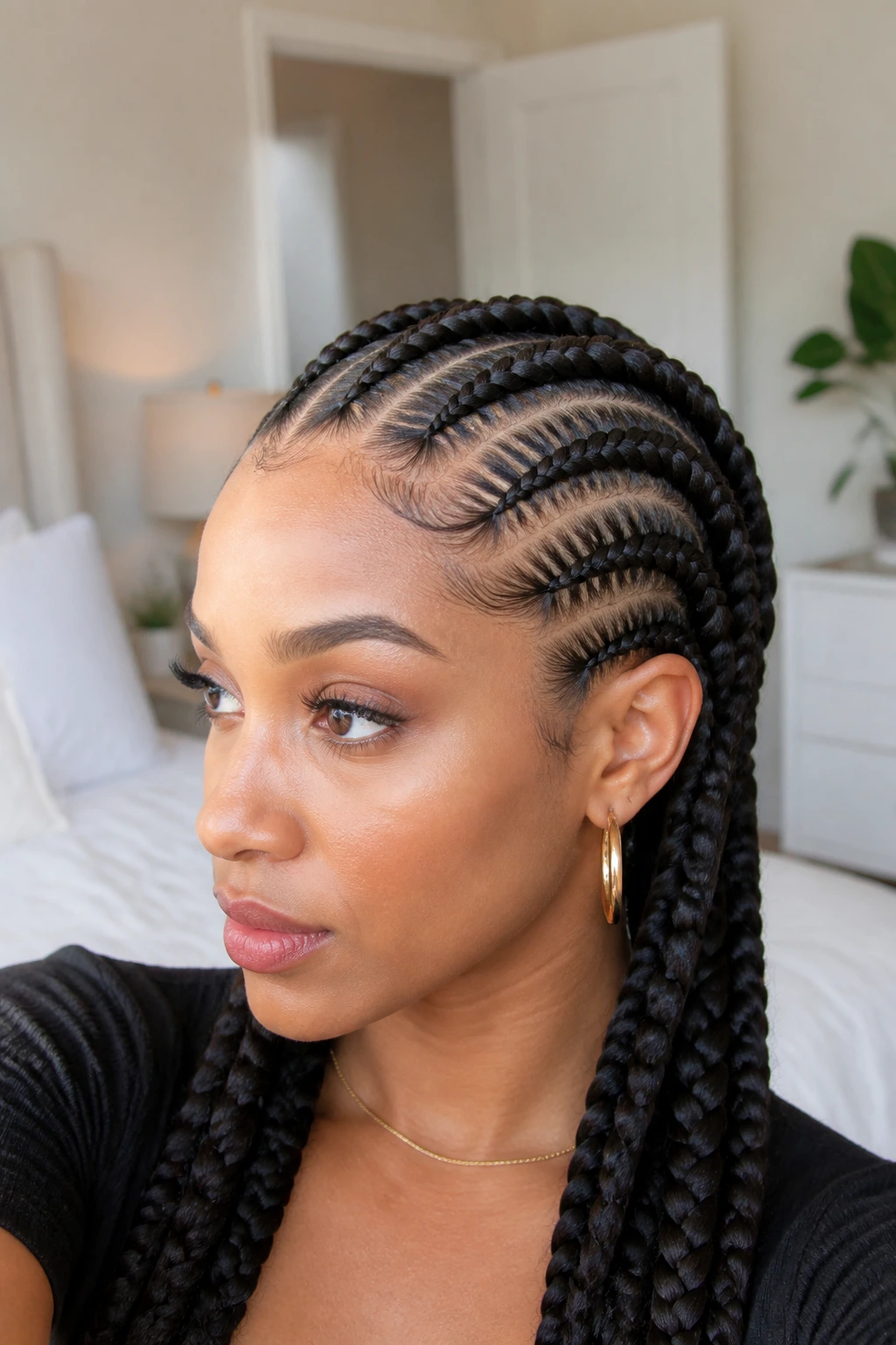 Close-up of a real woman with jumbo feed-in braids for a bold, clean finish