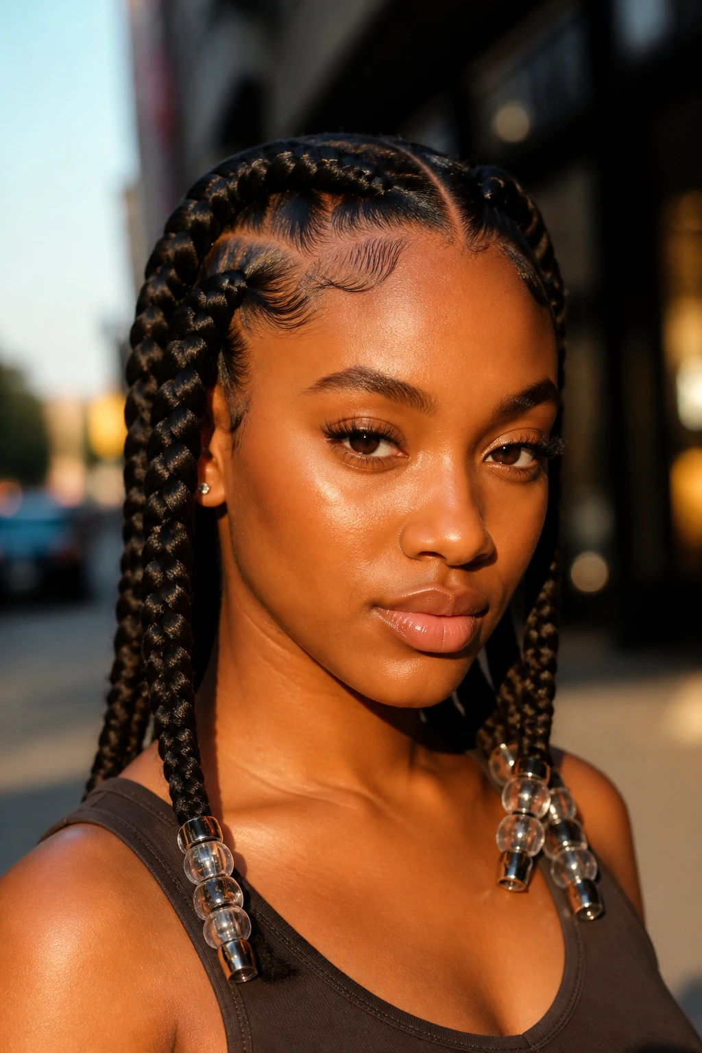 Close-up portrait of a real woman with jumbo feed-in braids and oversized beads.