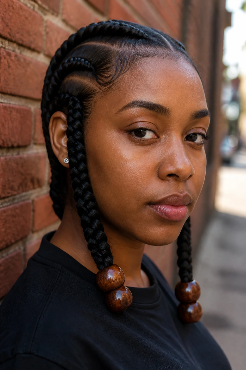Close-up of a real person with jumbo feed-in braids and oversized beads