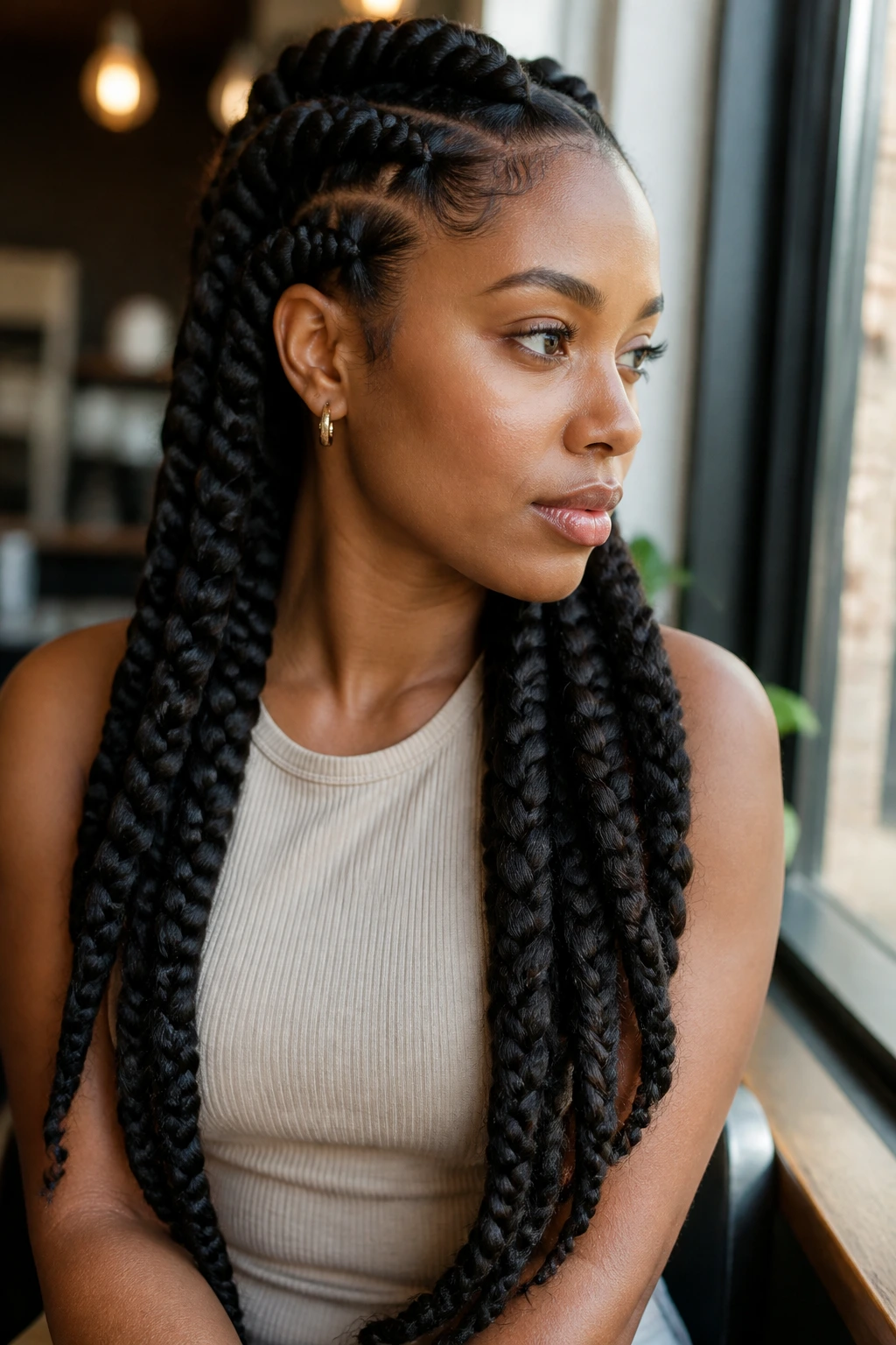 Close-up of real woman with jumbo goddess braids in a sunny cafe setting