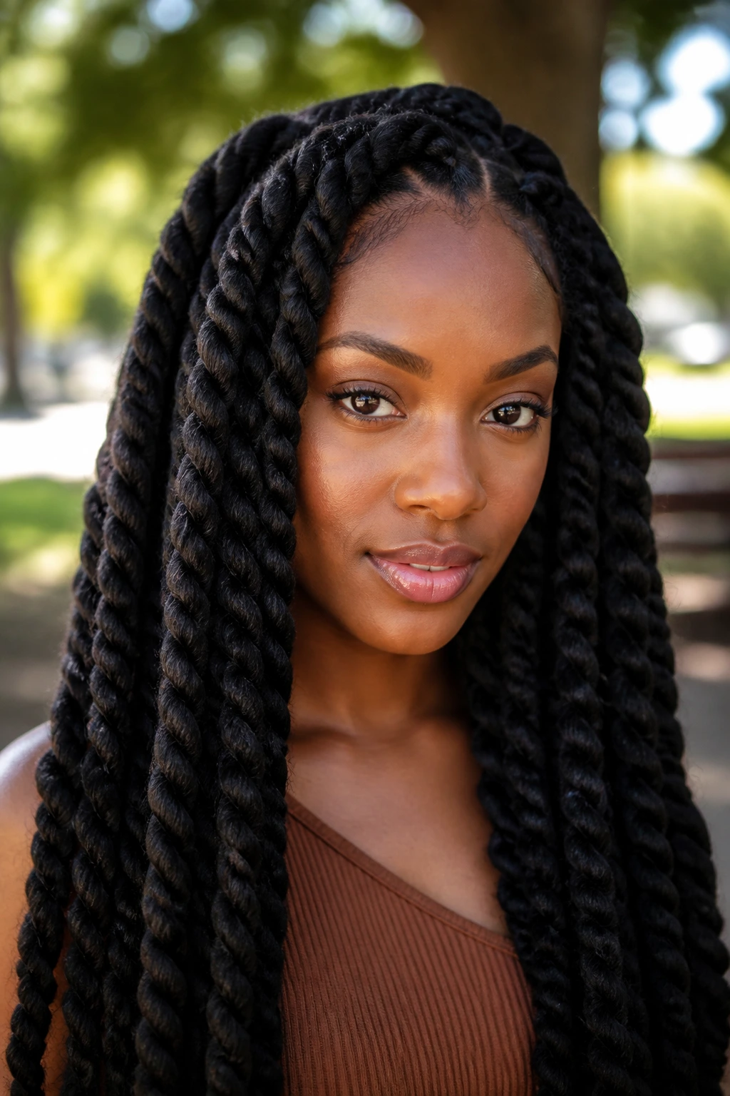 Close-up portrait of a real person with jumbo Havana twists in a park setting with warm daylight