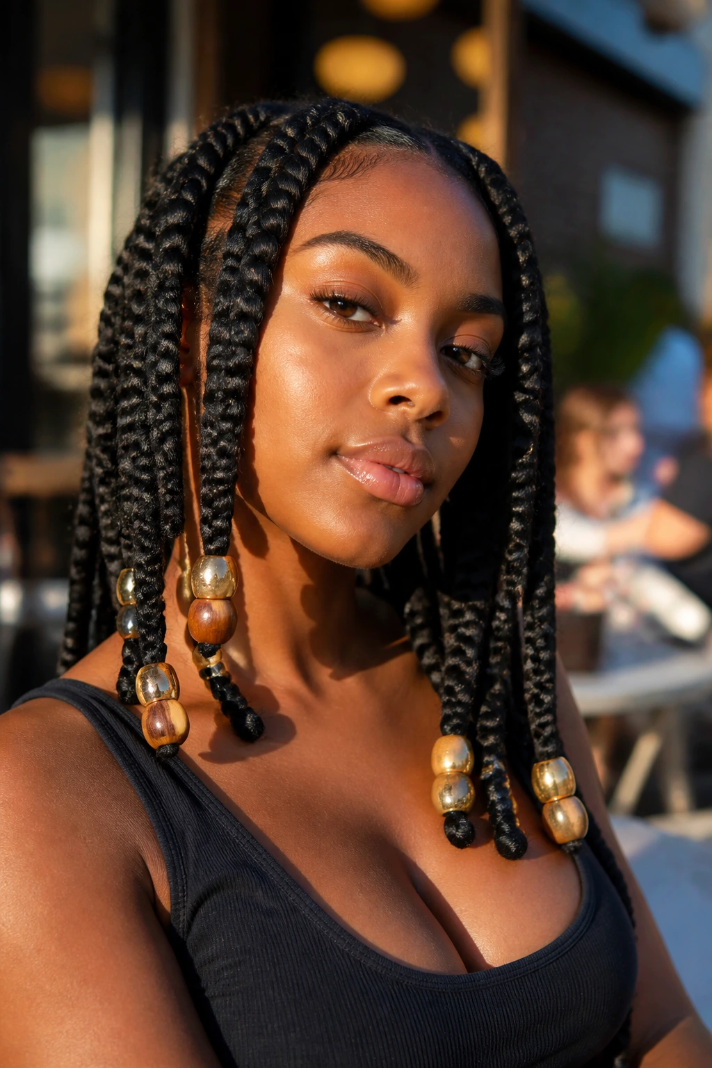 Portrait of a woman with jumbo knotless braids and large beads at braid ends