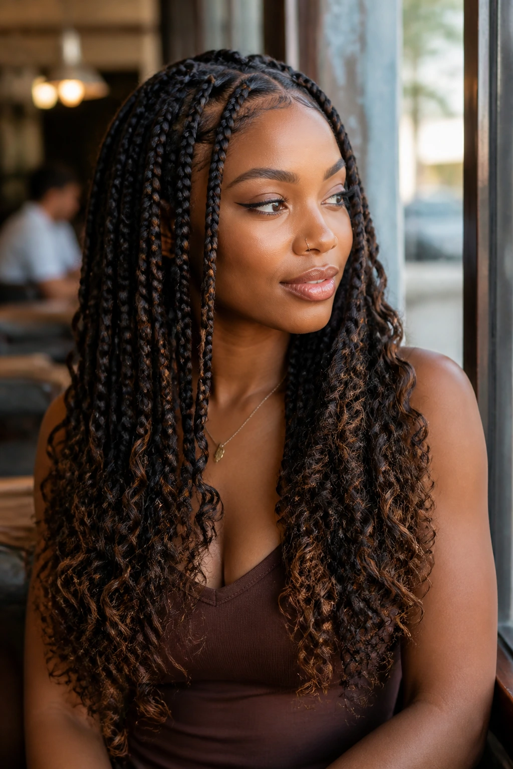 Close-up of a real woman with jumbo knotless braids and soft boho curls in a sunlit cafe.