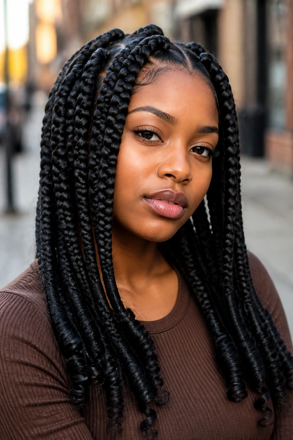 Close-up of a real person with jumbo knotless braids and wrapped ends