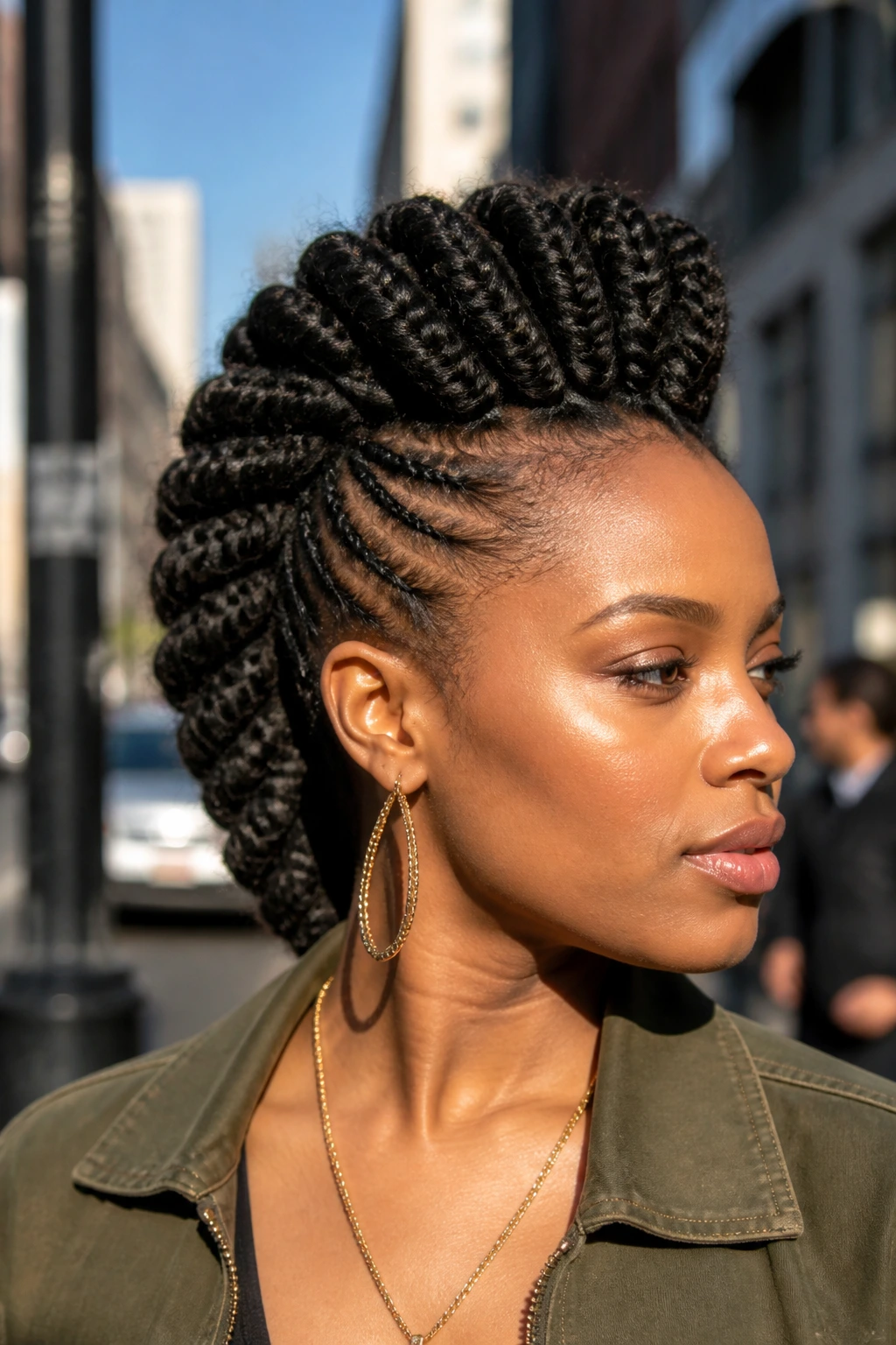 Close-up of a real woman with jumbo Marley braid mohawk on city street
