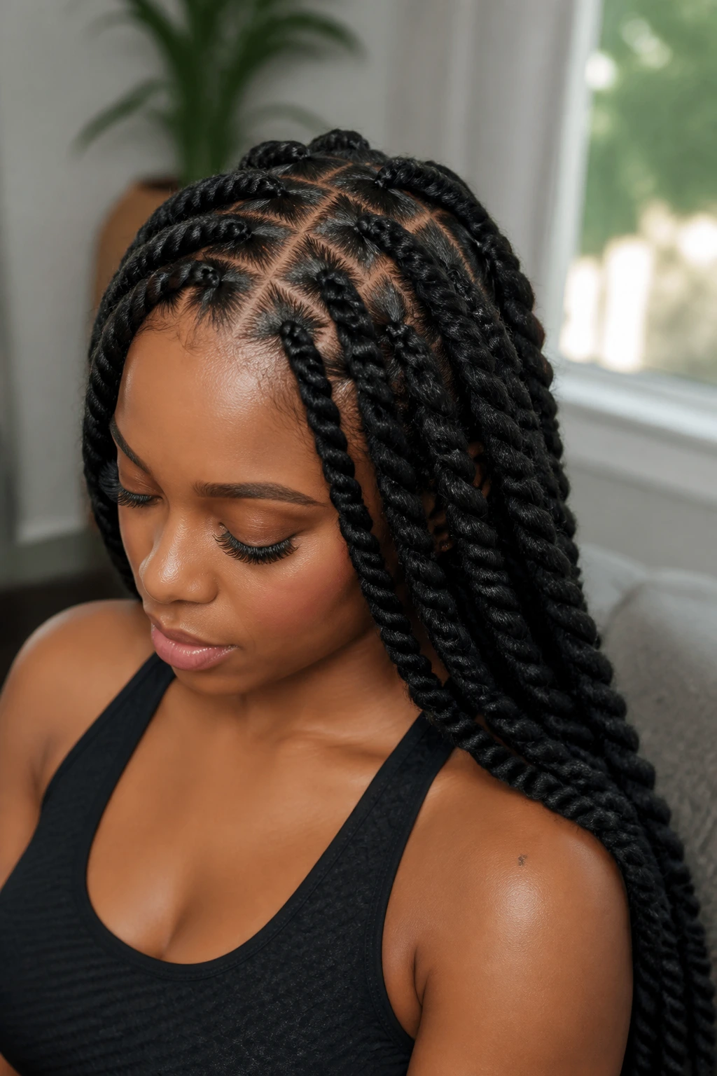 Jumbo Marley twists with clean rows on a real person, portrait