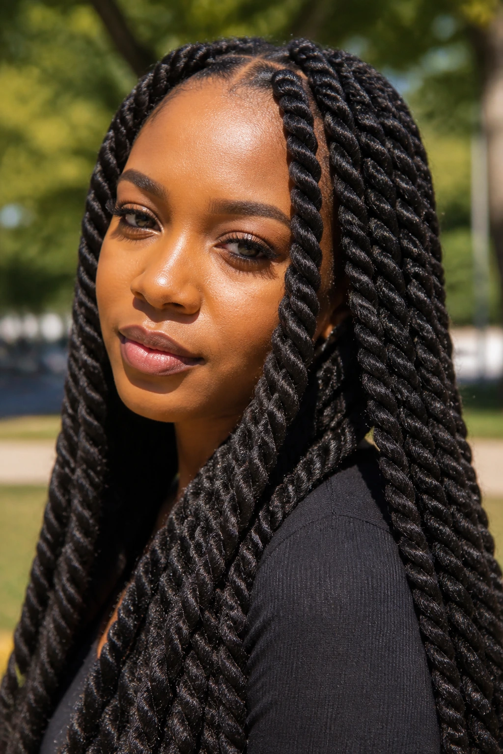 Real woman with jumbo Senegalese twists in a sunlit park