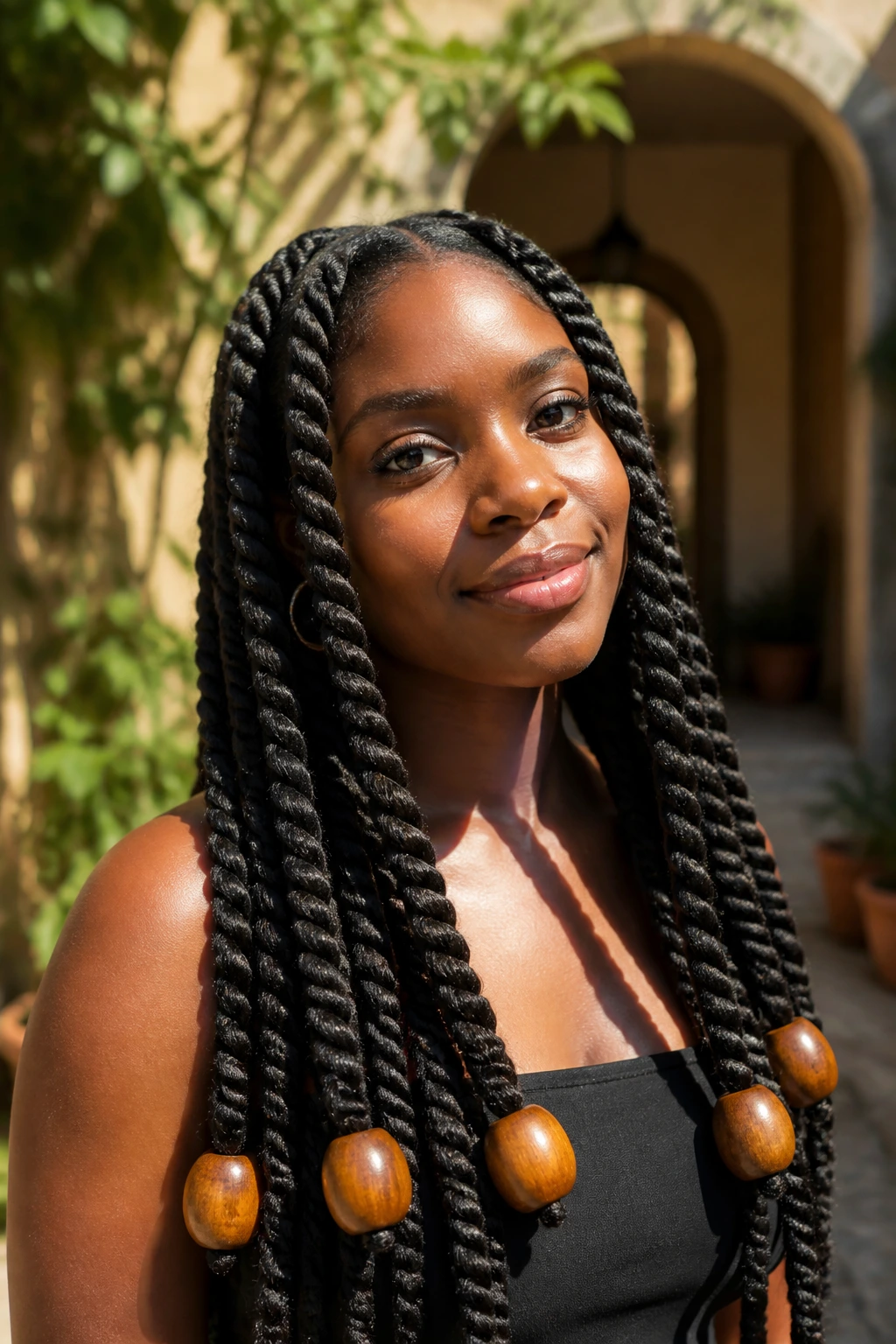 Portrait of a woman with jumbo Senegalese twists and oversized wooden beads.