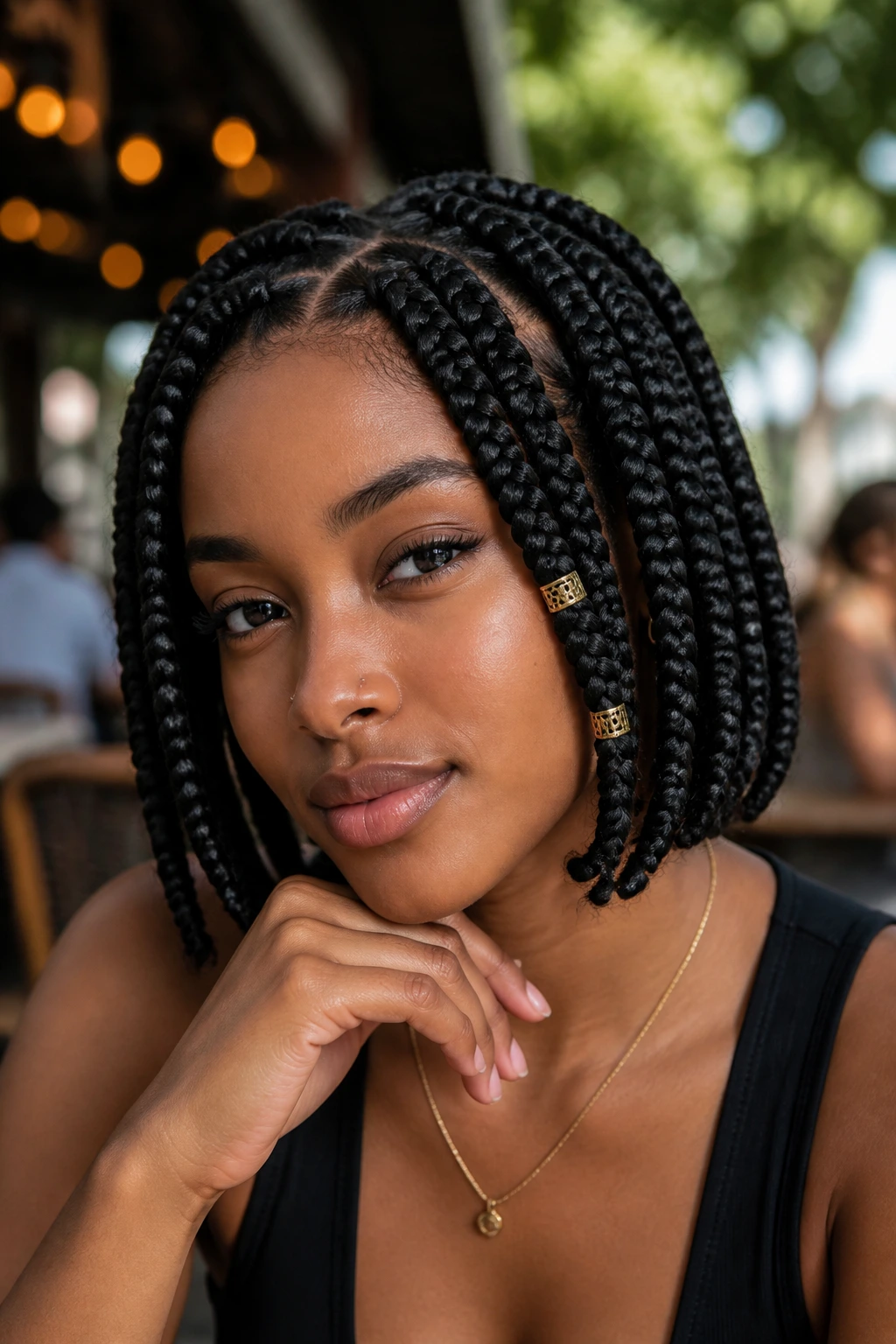 Close-up of a real woman with jumbo short box braids chin-length bob