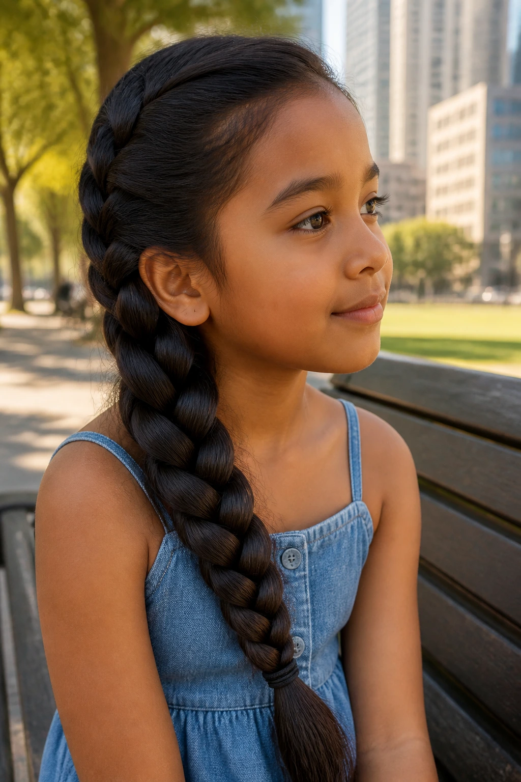 Close-up of a child with a jumbo side braid draped over the shoulder