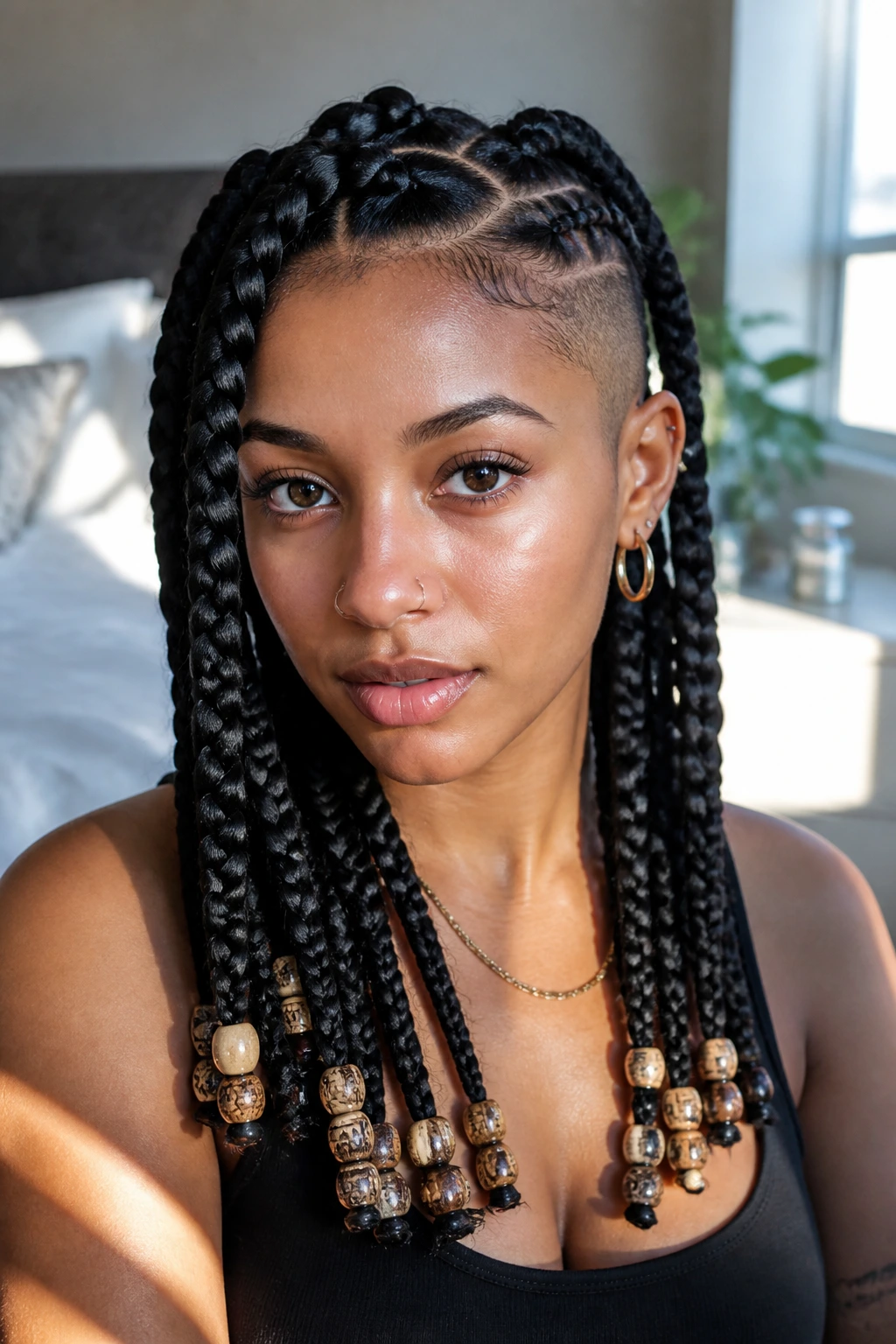 Close-up portrait of jumbo tribal braids with beaded ends on a real person