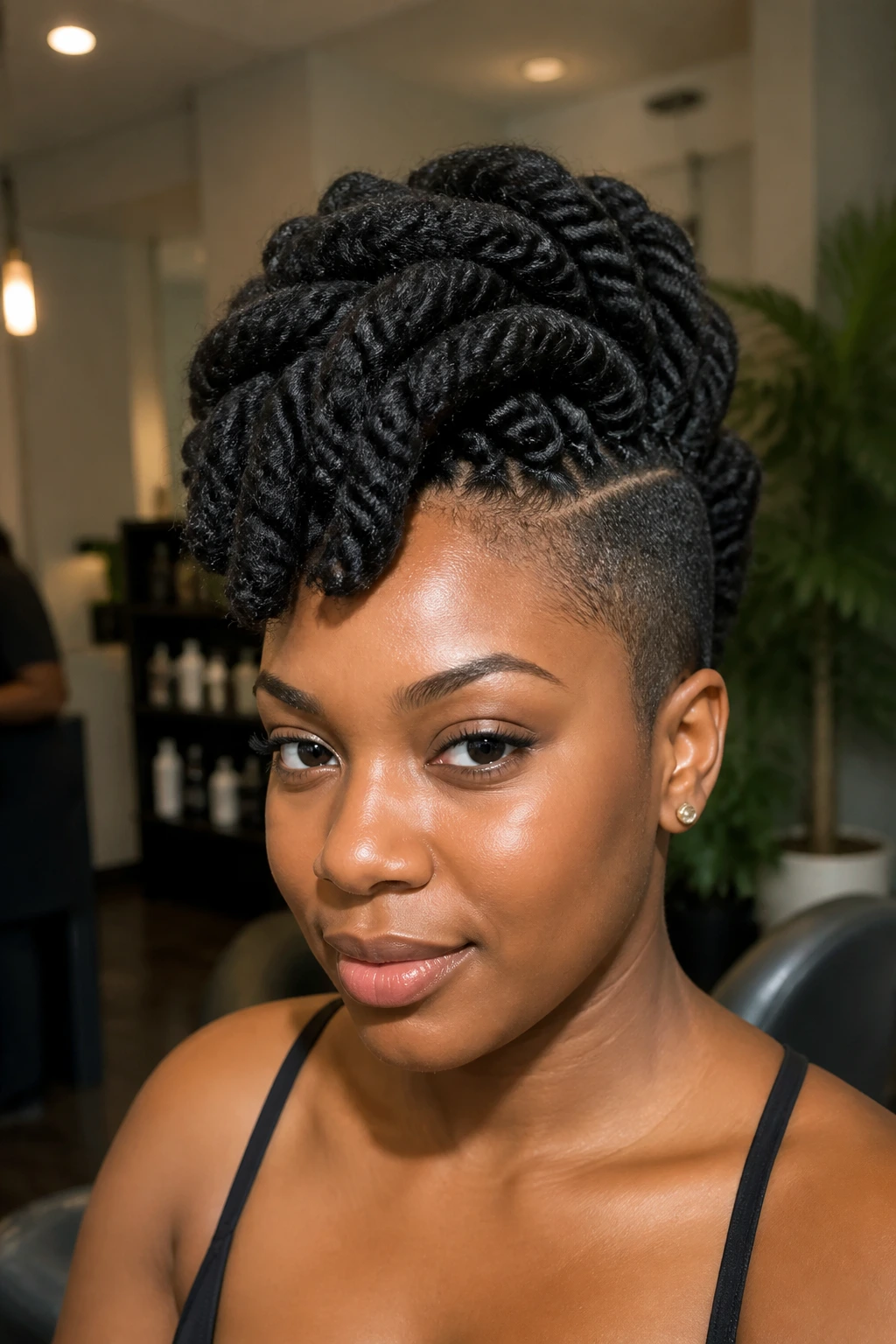 Close-up of a real woman with jumbo twist mohawk in a salon
