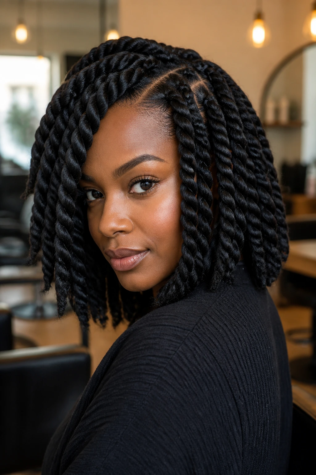 Close-up of a real woman with jumbo Senegalese twists in a salon setting