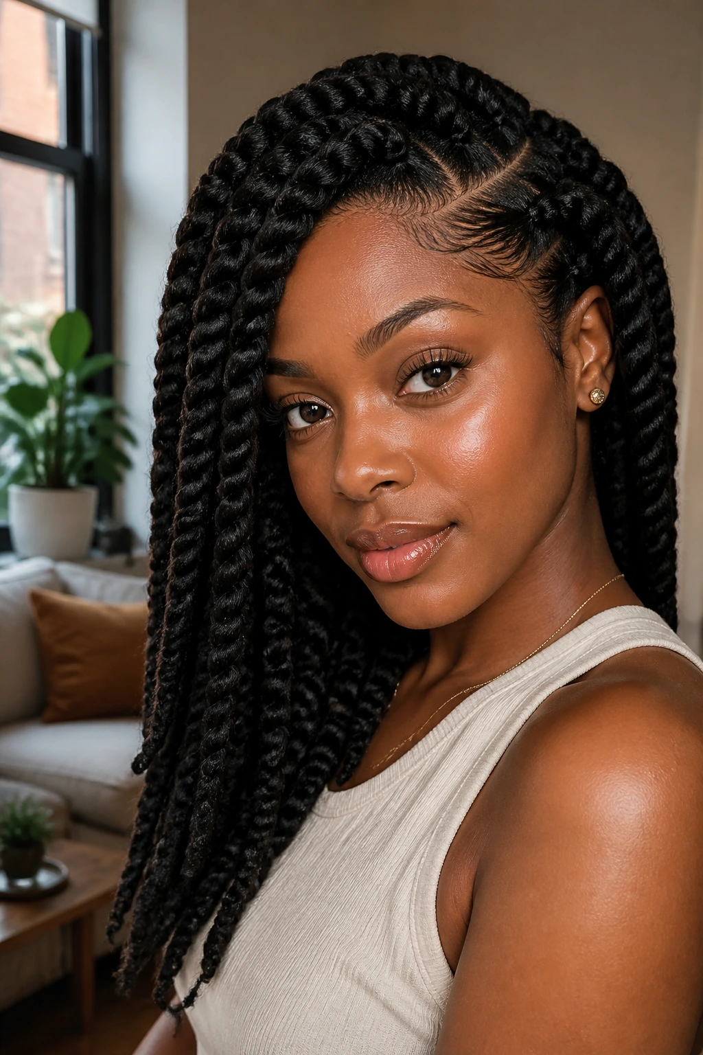 Close-up of a real woman with jumbo twists and a deep side part.