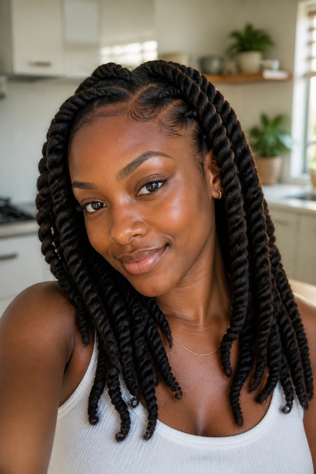 Real person with chunky jumbo twists in a bright morning setting