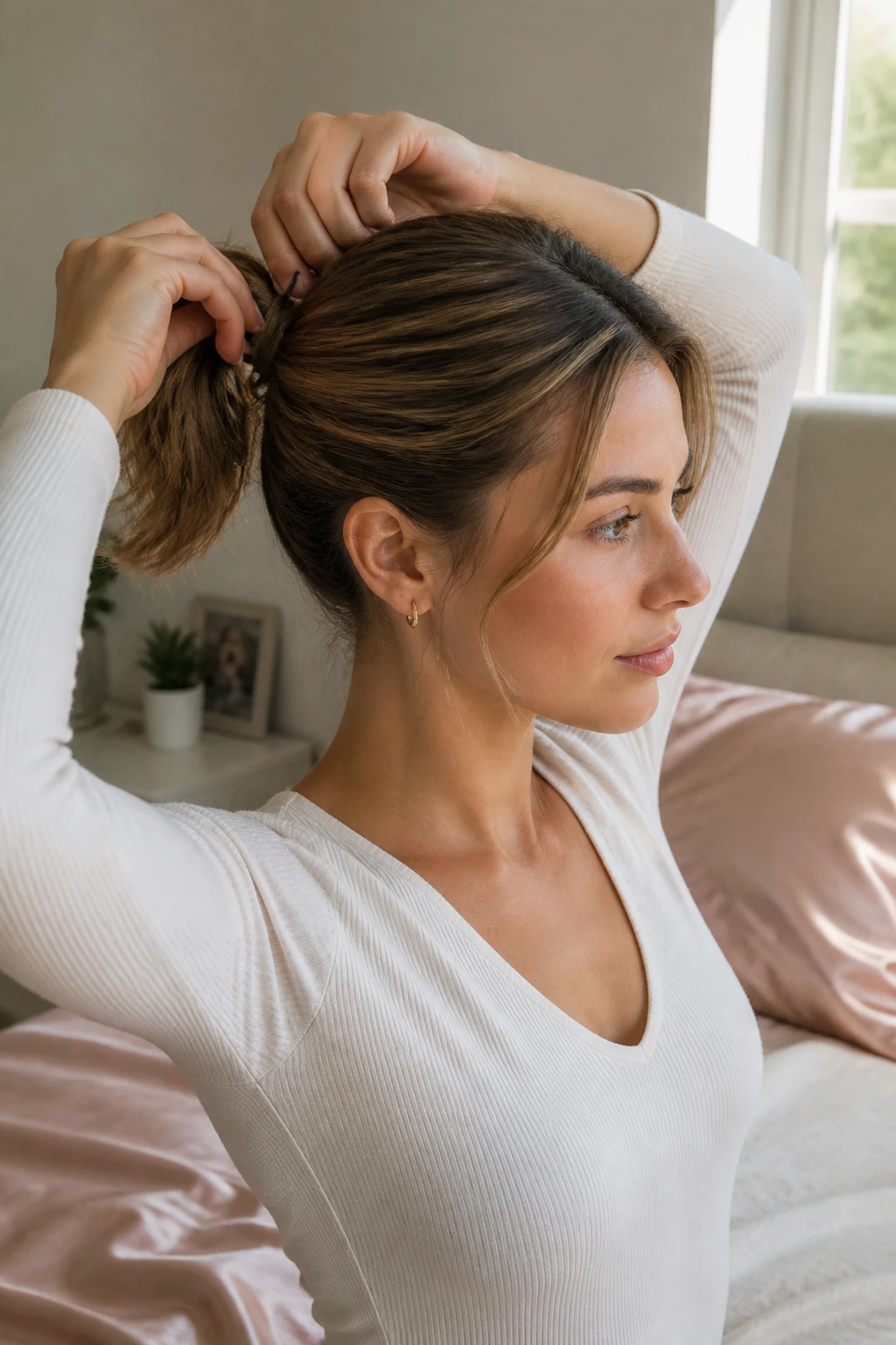 Real person adjusting fresh-looking ponytail in bedroom with silk pillowcase