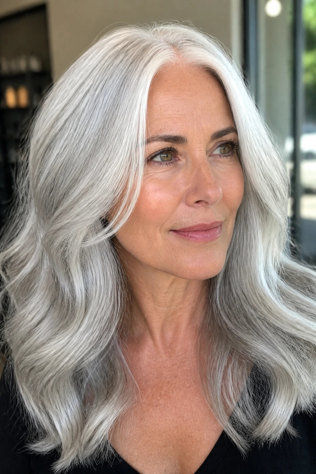 Person with bright silver hair in natural daylight