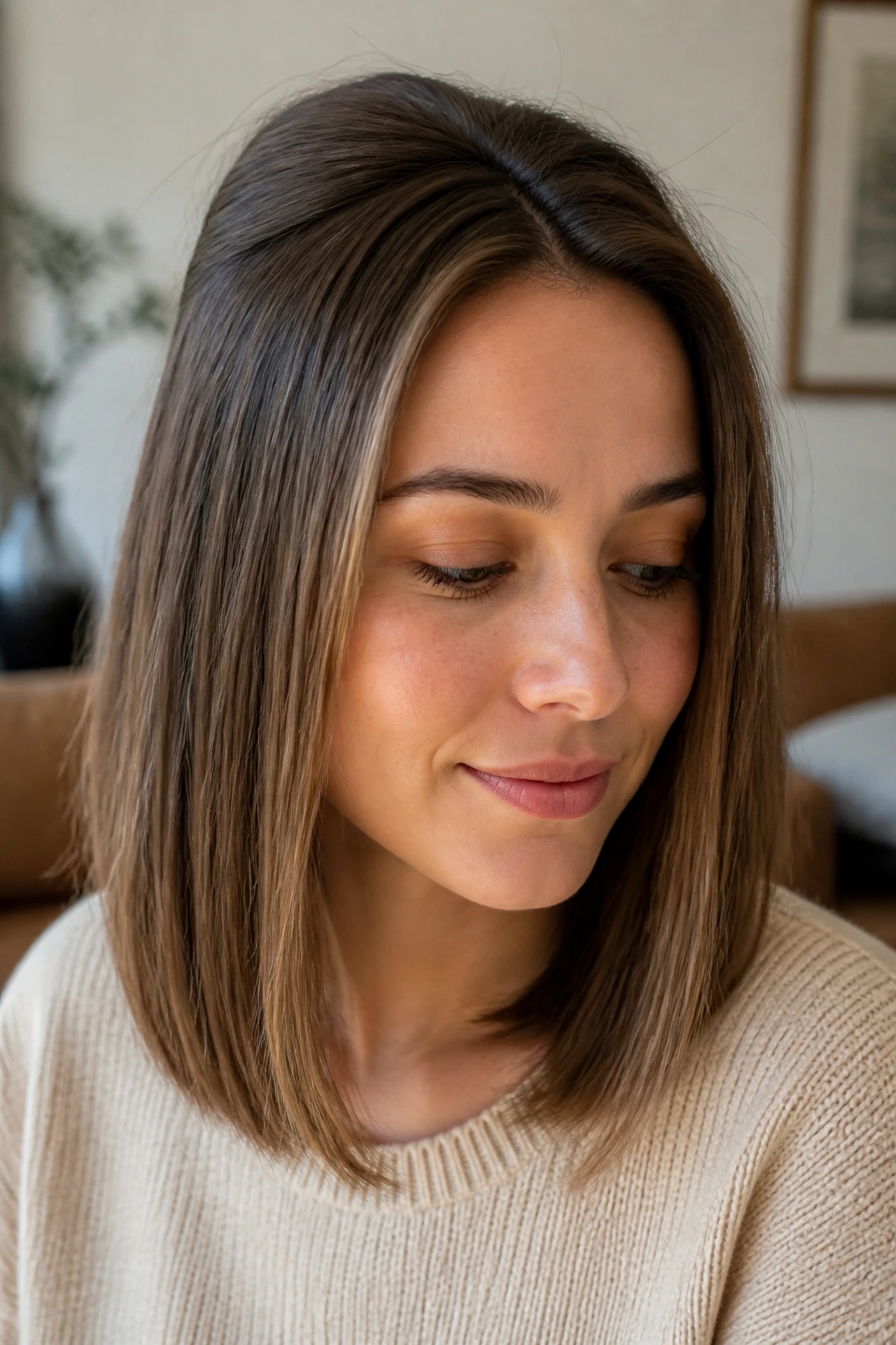 Portrait of a real person showing straight hair kept in place with texture at the crown