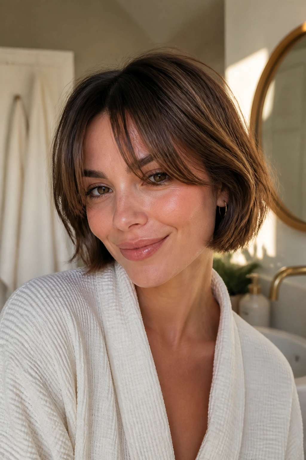 Close-up of a real woman with fresh curtain bangs after washing