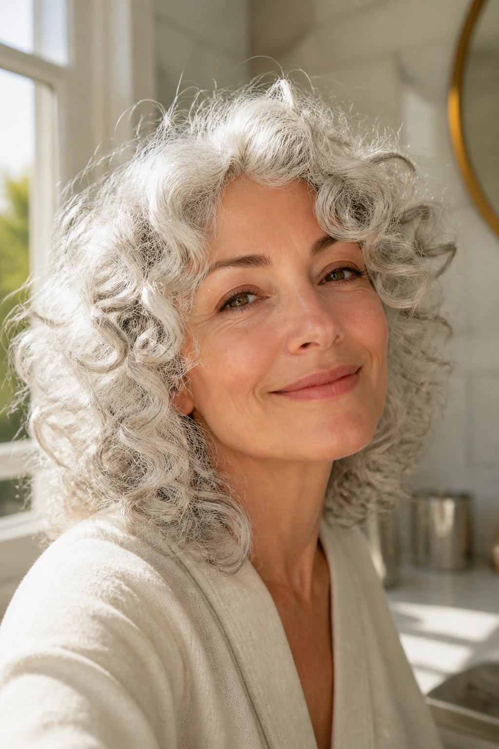Close-up portrait of a person with bright silver curls in a sunlit bathroom