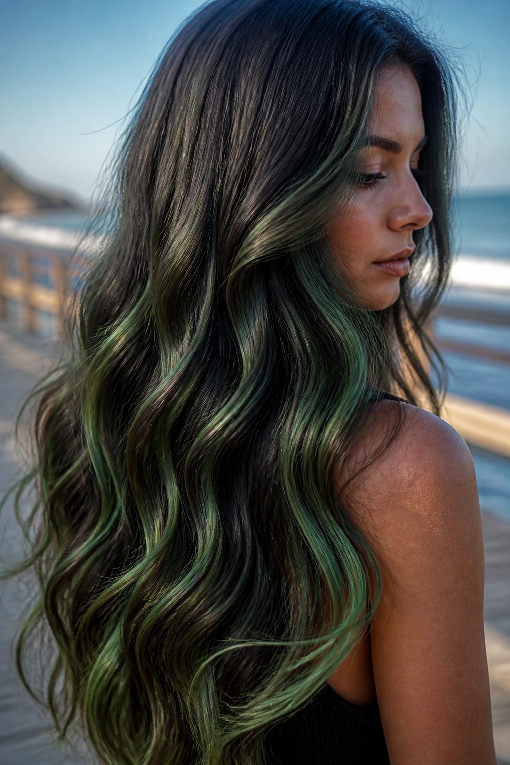 Close-up of a real woman with long hair featuring kelp green ribbon lights
