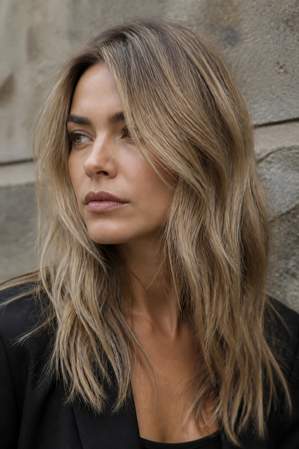 Close-up portrait of a real woman with khaki blonde olive beige tone.