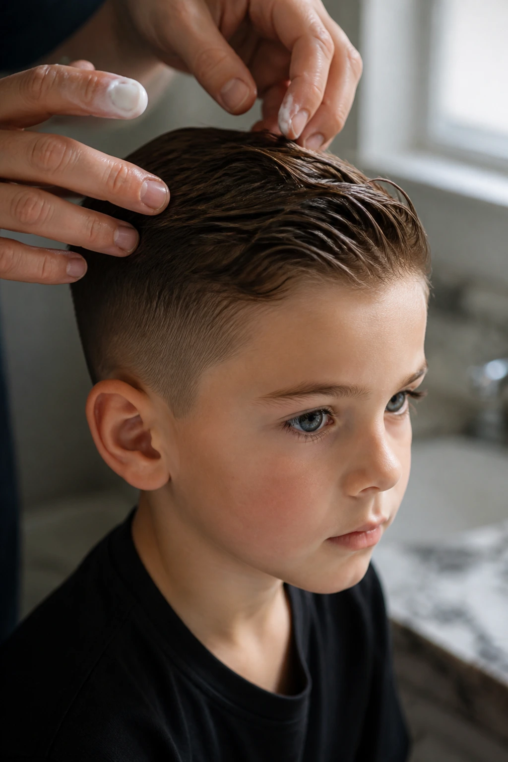 Close-up of a young boy's damp hair being styled with matte product in a bathroom morning light