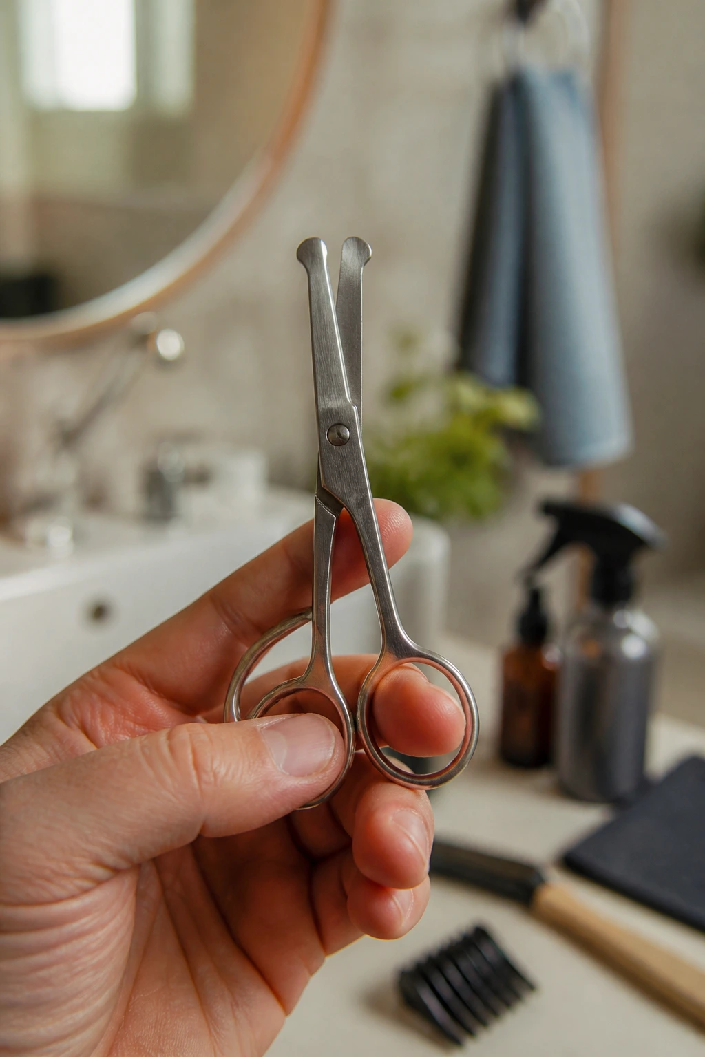 Hand holding small rounded-tip haircutting scissors in home setting