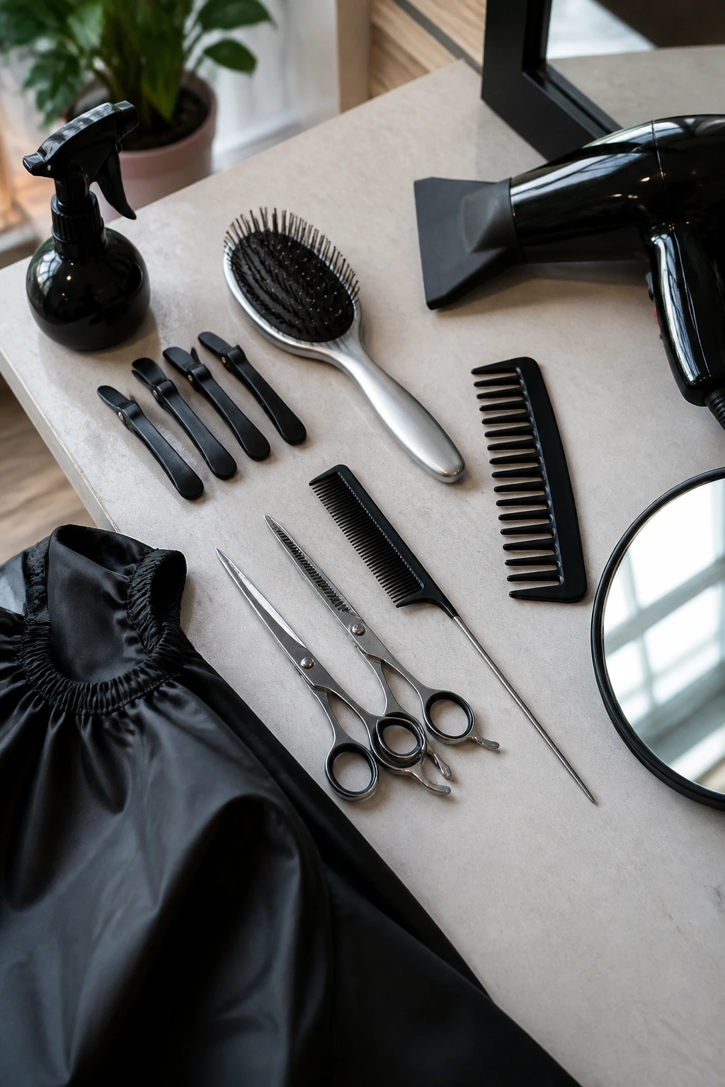 Close-up of essential kid haircutting tools neatly arranged on a surface