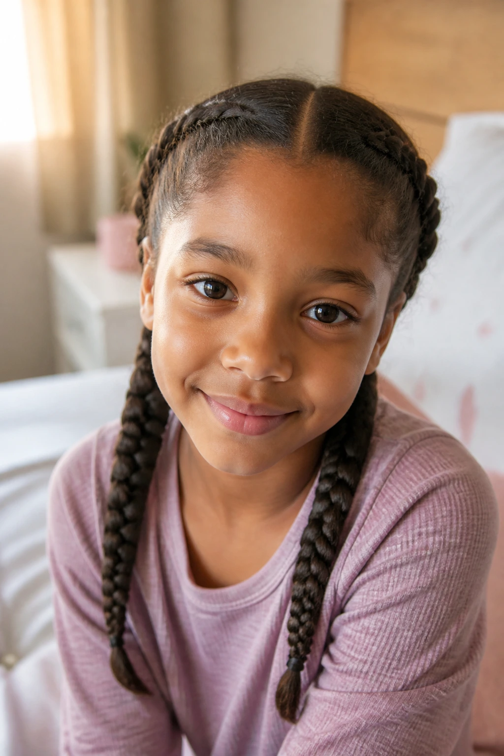 Close-up of a real child with two simple braids in a cozy morning bedroom