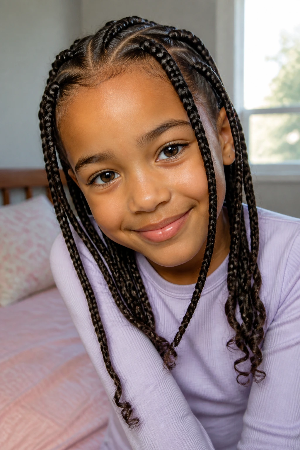 Close-up of a child with neat braids framing the face in a cozy bedroom