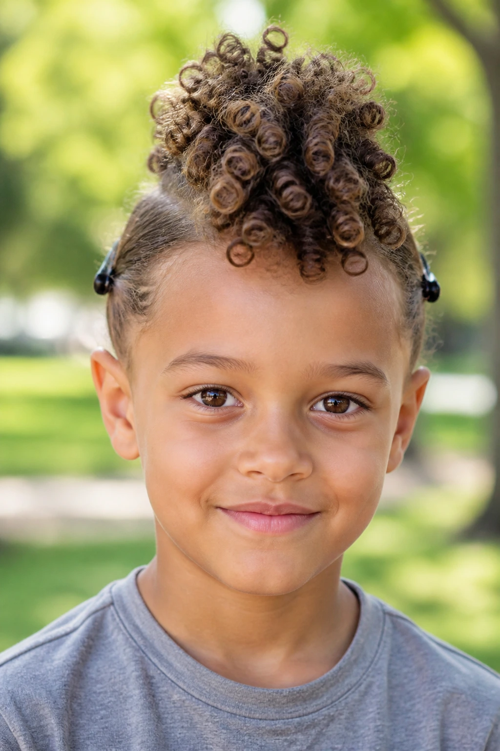 Close-up of a real child with a soft, playful curly hawk.