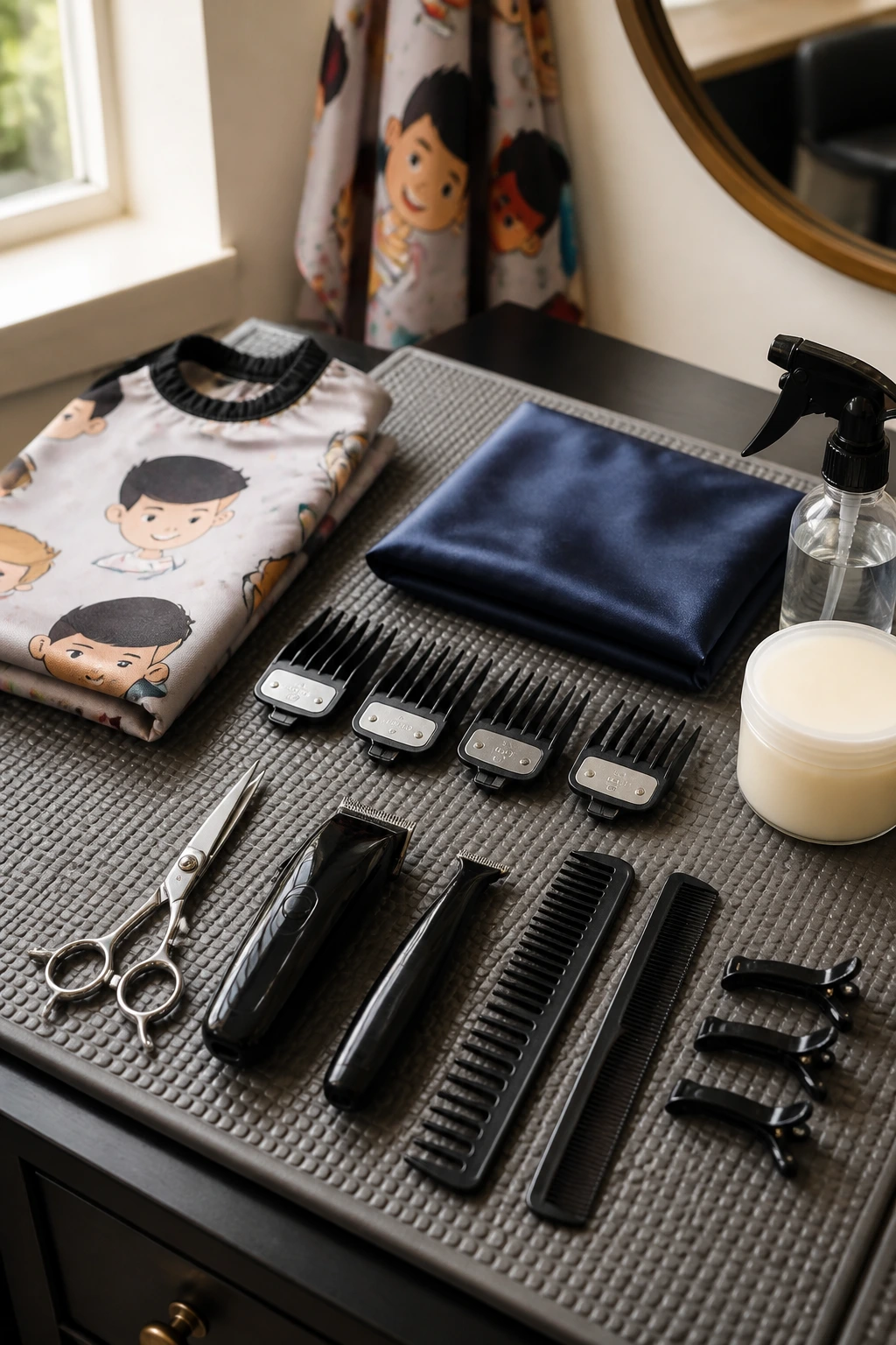 Close-up of a complete kids’ haircut toolkit with scissors, clippers, combs, cape and spray bottle at a pediatric salon.