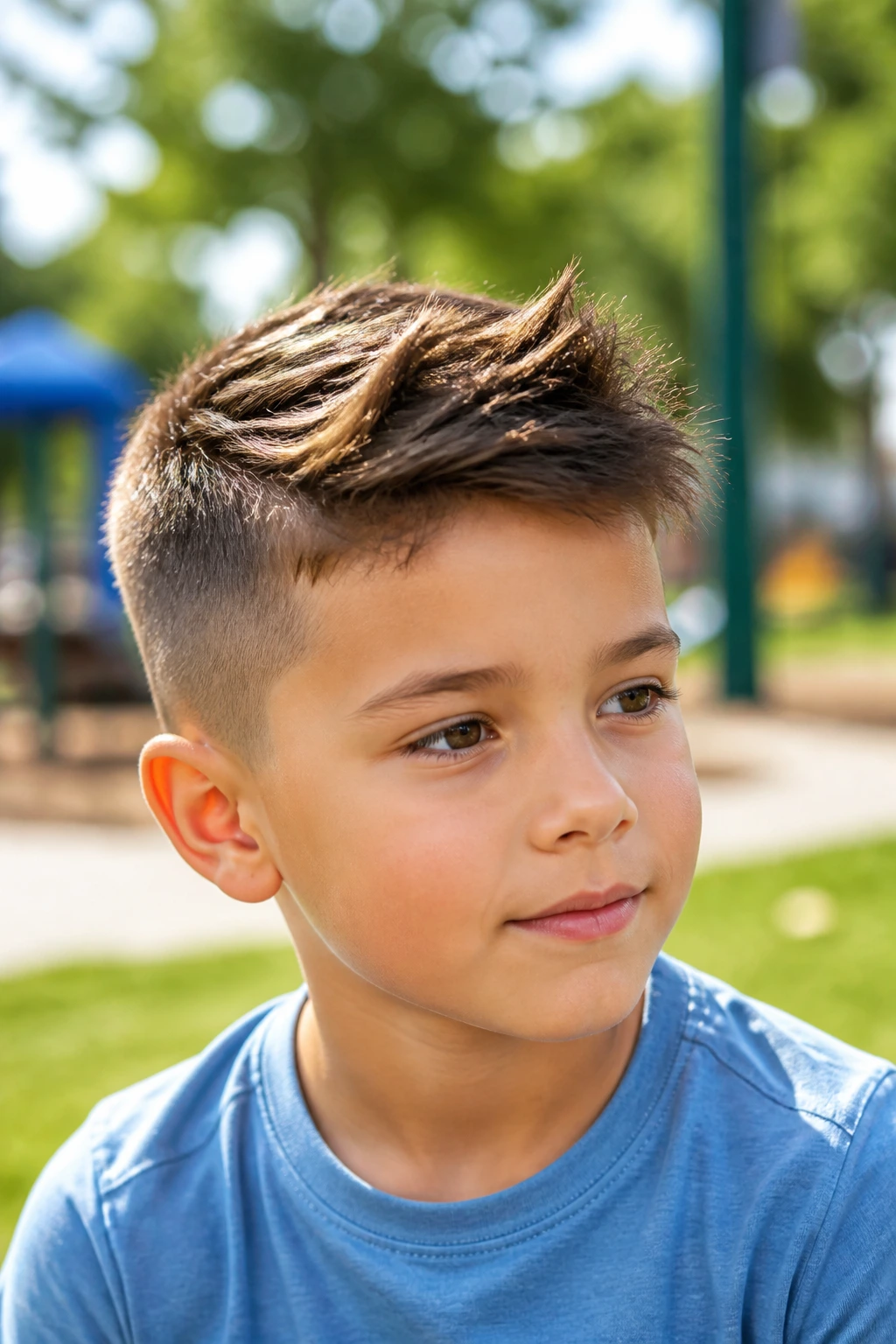 Close-up of real boy's head with move-friendly haircut.